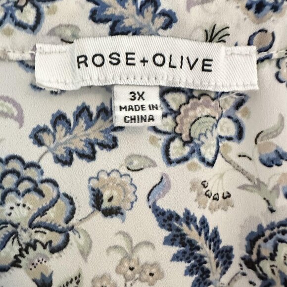 Rose + Olive Shirt Womens 3XL White Blue Floral Boho Blouse Lightweight Tunic - Picture 3 of 9